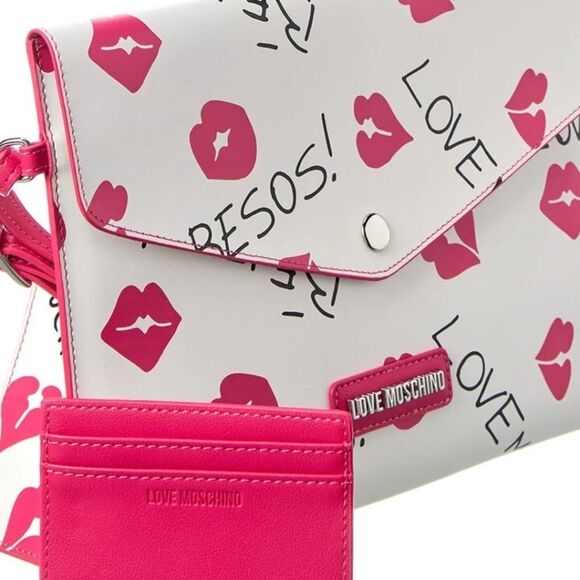 Love Moschino Kisses Clutch w/ID Tag & Card Wallet- White/Pink